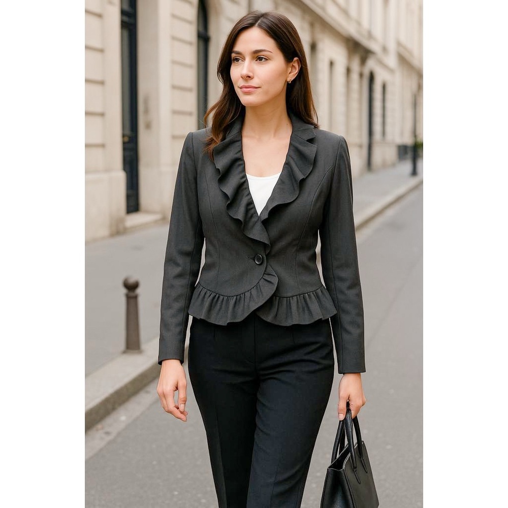 B Wear Womens XL Charcoal Ruffle Blazer One Button Peplum Hem Lined Jacket